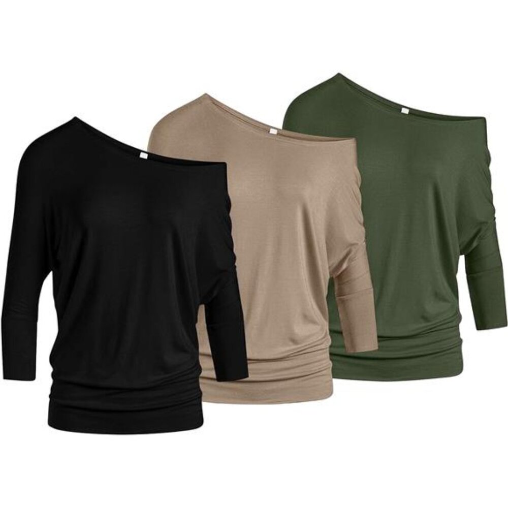 3 Pack Women's Off The Shoulder Tops Banded Waistband Shirts 3/4 Sleeves